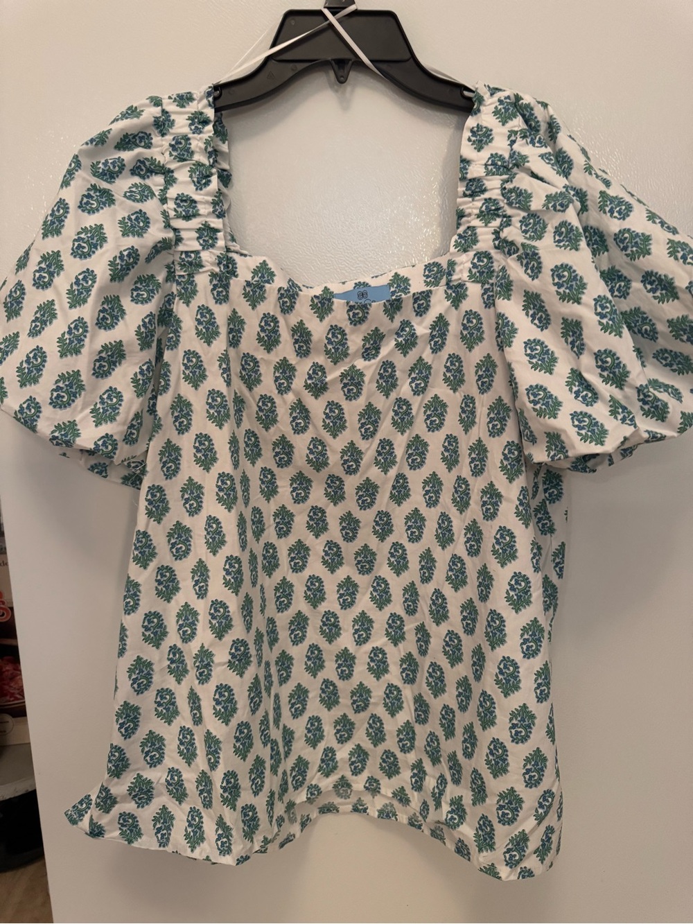 CeCe White Square Neck Puff Sleeve Blouse with Teal Floral Print